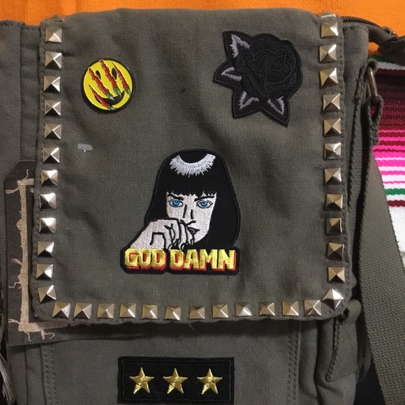 Olive Punk Patch Studded Army Bag Crossbody Purse - Picture 3 of 8